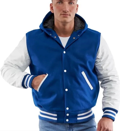 Discover Varsity Base Premium Hooded Snap Button Letterman Jacket, Blue Sz-M