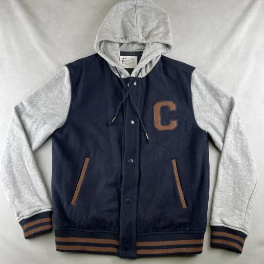 Discover Champion Jacket Men M Navy Gray Hooded Varsity Letterman College Wool Blend Snap