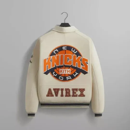 Discover Mens Avirex X Kith Knicks Bomber Real Leather Varsity Jacket New York Cream Coat