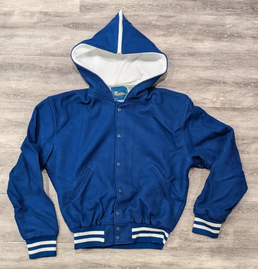 Discover Gem Sportswear Wool Letterman Heavy Jacket Varsity Blue Hooded Coat Mens Small