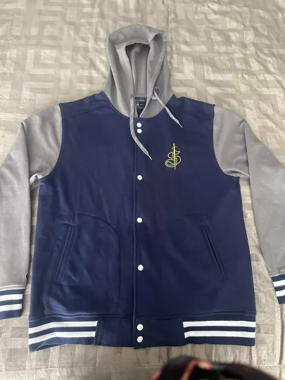 Discover Holloway Jacket Mens XL Navy Blue Gray Hooded Varsity Snap Button Fleece