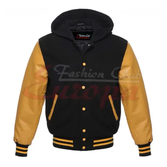Discover Black Wool Varsity Lettermen Jacket Hoodie With Real Gold Leather Sleeves