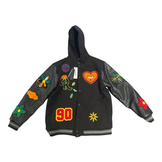 Discover Reason Patched Hooded Wool Varsity Jacket- Black Men’s Size Large