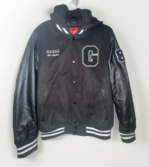 Discover NWT GUESS Men’s large hooded Black Kenny Varsity letterman Jacket retro coat