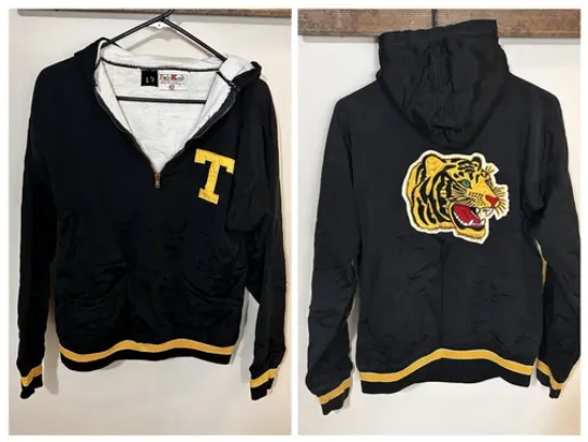 Discover Vintage Fab Knit “T” Tiger Varsity Letterman 1/4 Zip Hoodie Jacket Size 42 (Med)
