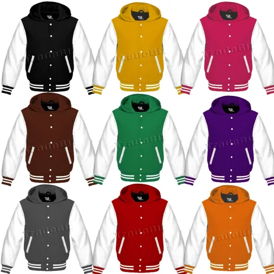 Discover Men's Varsity Hoodie Bomber Letterman College Jacket Wool Body & Leather Sleeves