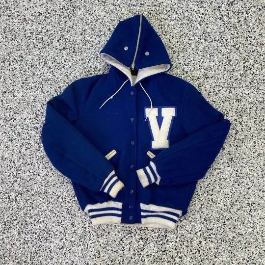 Discover Vintage Wool Letterman Varsity Jacket Size 36 Blue Delong Split Hood