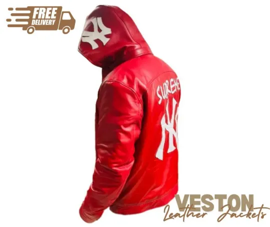 Discover NY Yankees Letterman Varsity Leather Jacket Removable Hood Red Black