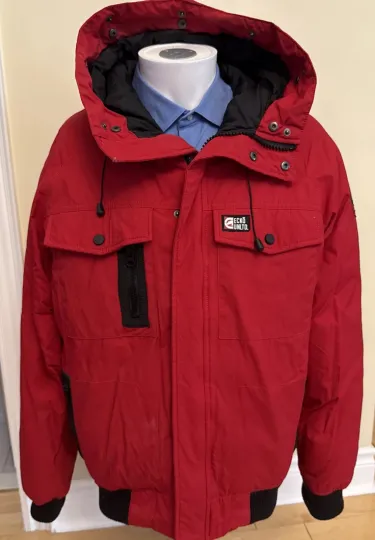 Discover Ecko Unltd. Down Puffer Jacket Bomber Mens XL Red Hooded Extreme Weather Winter