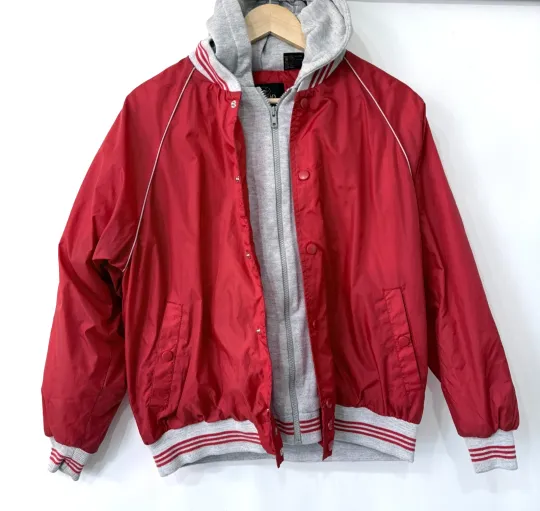 Discover RedHead Hooded Bomber Jacket Mens L Red Gray Quilted Lining Zip Snap Varsity
