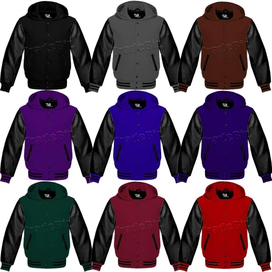 Discover Men's Varsity Bomber Hoodie Letterman College Jacket Wool Body & Leather Sleeves