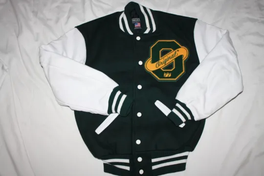 Discover Vintage STEWART & STRAUSS Letterman’s VARSITY JACKET GREEN WHITE ORIGINAL XS