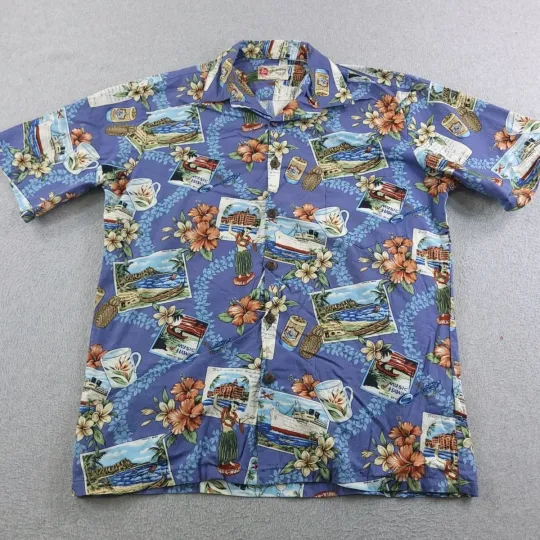 Discover Hilo Hattie Hawaiian Shirt Men Medium Floral Postcard Print Made in Hawaii Aloha