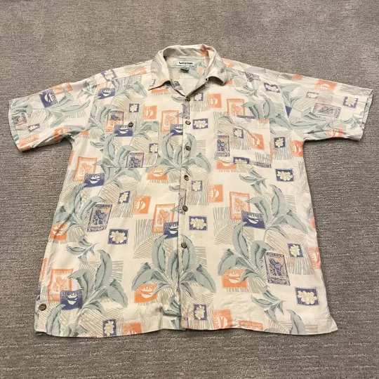 Discover Vintage Visitor Hawaiian Shirt Mens Medium Tropical Silk Stamp Travel Airplane