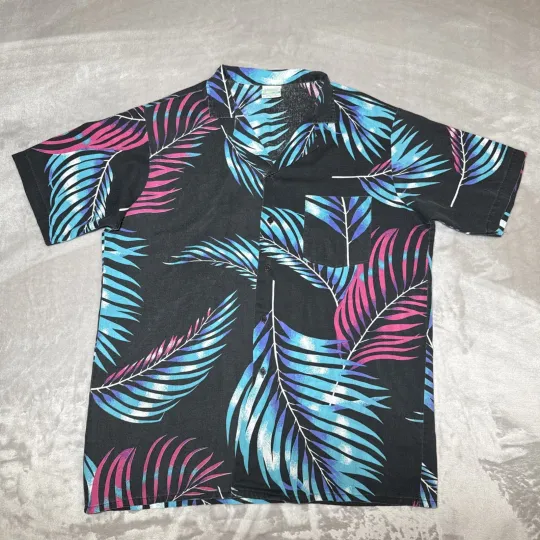 Discover Vintage Shore Things Hawaiian Shirt M Tropical Palm Leaves USA Made Colorful