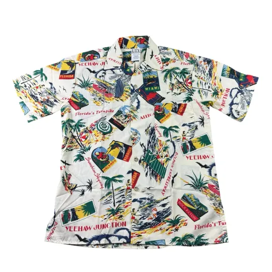 Discover New Vtg Florida Tourist Travel Vacation Flamingos Fishing Hawaiian Aloha XS