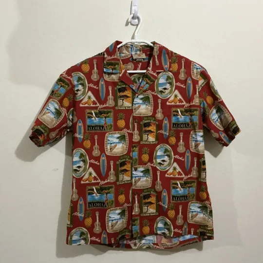Discover Hawaii Station Hawaiian Aloha Shirt XL 100% Cotton Red Tourist Vacation Button