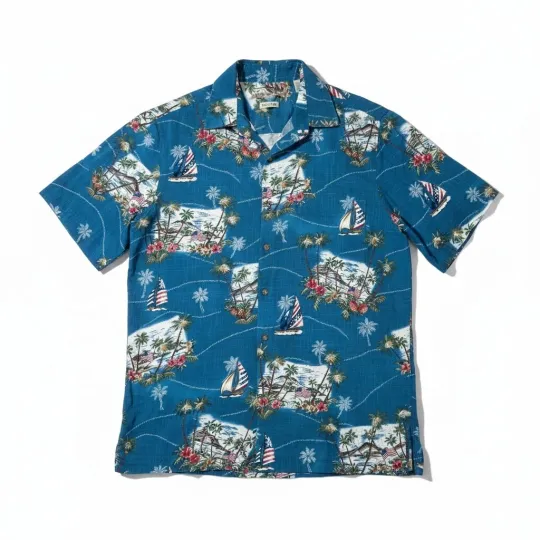 Batik Bay Mens Hawaiian Shirt Blue Palm Tree Beach Scene Button Up Size S