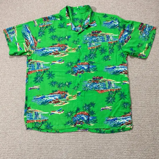 Discover VINTAGE Hawaiian Shirt Mens Large Green Palm Tree Beach Tourist Souvenir Graphic