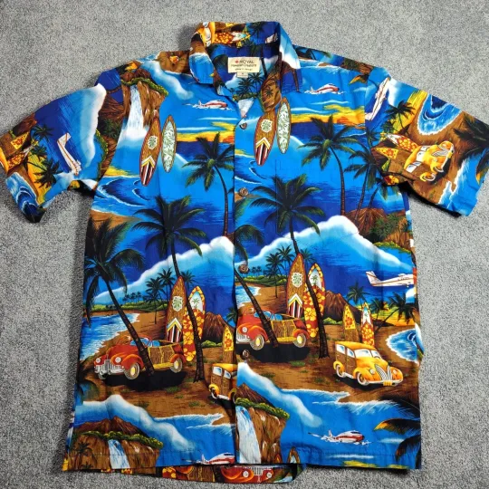 Discover Royal Hawaiian Creations Shirt Men's M Blue Aloha Palm Tree Surfboard Car