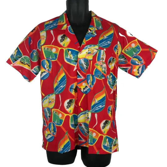 Discover Vintage 80s Marc Daniels Hawaiian Shirt Size M Red Loud Beach Surf Sunglasses