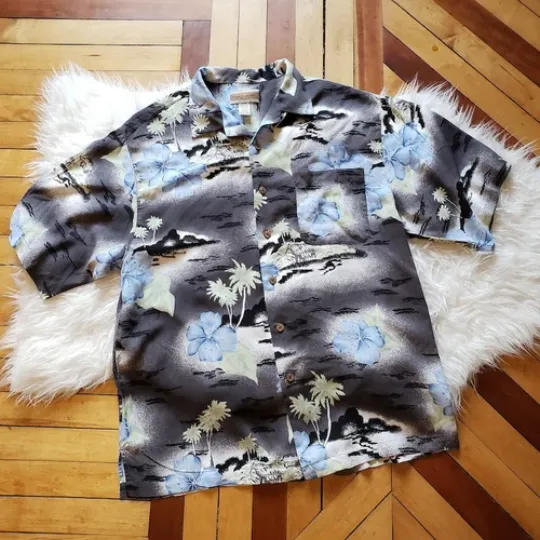 Discover Mens Vintage Gray Blue Tropical Hawaiian Tiki Tourist Shirt Button Down Medium