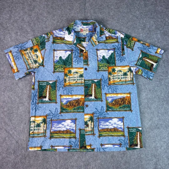 Discover Hilo Hattie Hawaiian Shirt Mens XL Iolani Palace Diamond Head Akaka Falls Aloha