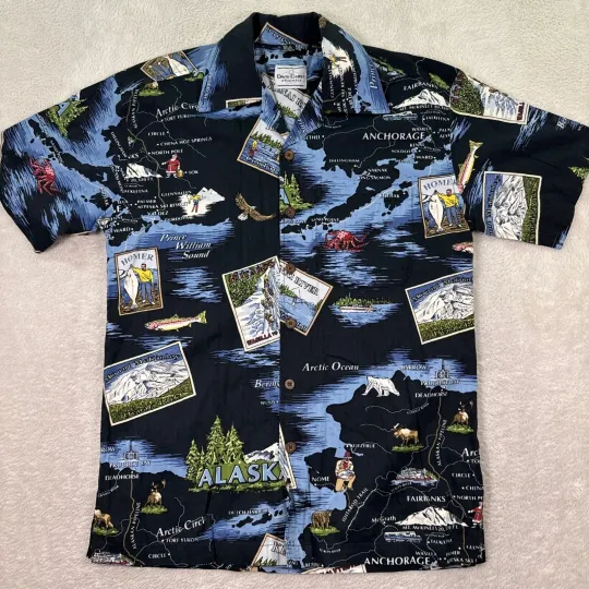 Discover David Carey Alaska Map Hawaiian Shirt Tourist Button Up Shirt Mens Medium Beach