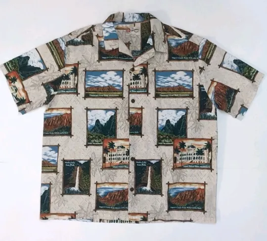 Discover Hilo Hattie Hawaiian Shirt Tourist Spot Parks Valley Monument 2XL XXL Beige NWOT