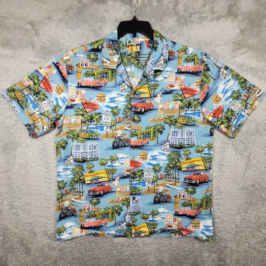Discover Aloha Republic Hawaiian Shirt Mens XL Route 66 Cars Palm Trees Vacation USA