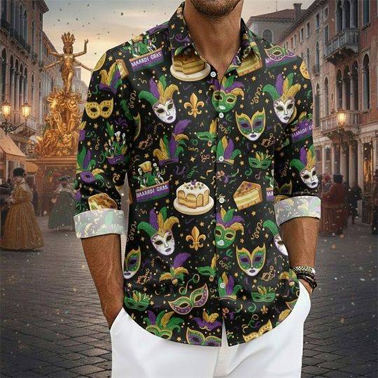 Discover Mardi Gras Men's Graphic Color Block Shirt Button Up Shirt Long Sleeve Hawaiian Casual Comfortable Streetwear Spring & Fall