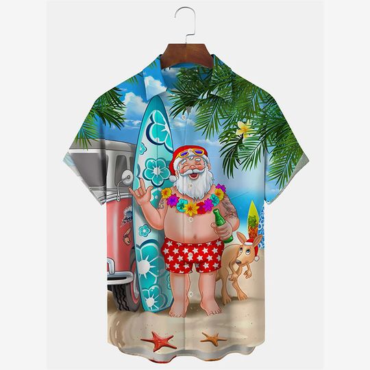 Discover Hawaiian Beach Surfing Christmas Theme Print Shirts For Men Funny Santa Claus Button Lapel Hawaii Shirts Festival Unisex Shirts