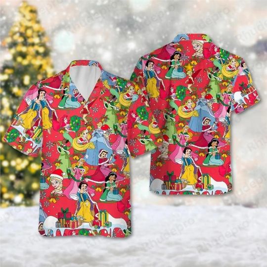 Discover Disney 2025 Princess Christmas Hawaiian Shirt Men's Women's Casual Short Sleeved Shirt Tops Cartoon Button Up Beach Shirt