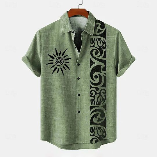 Discover Men's linen ethnic style 3D printed shirt Hawaiian casual vacation men's short-sleeved lapel pocket shirt high quality men's