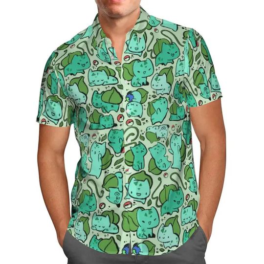Discover Extra-large streetwear 3d anime green short-sleeved Hawaiian shirt for men, beach summer 5xl for social men