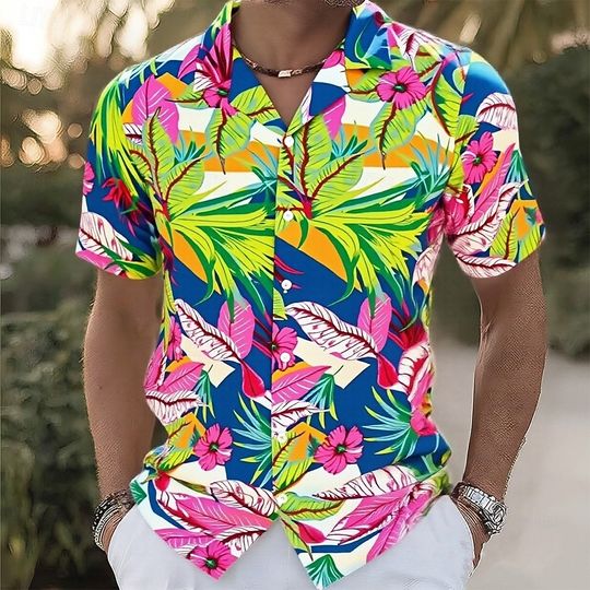 2026 Men's Floral Print Palm Leaf Tropical Plants Shirt Summer Hawaiian Shirt Short Sleeve Hawaiian Vacation Holiday Beach Wear