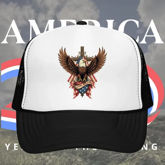 Discover Printed Eagle With USA Flag And Cross Trucker Hat,  250th Anniversary Hat Gift
