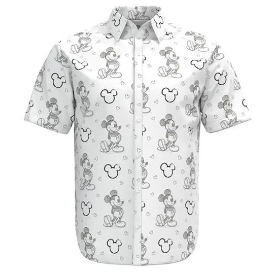 Discover Disney Hawaiian Shirt Mickey Mouse Sketch Doodle Design Short Sleeve Casual Button-Up Fashion for Disneyland
