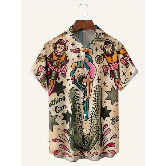 Discover Plus-size men's summer anime crocodile and gorilla print casual short-sleeved fashion 2025 New Hawaiian shirt