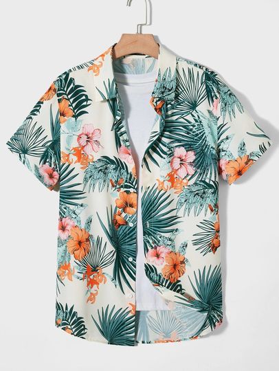 Discover Hawaiian Botanical Flower Print Men's and Women's Short Sleeve Lapel Shirt Seaside Button-Down Shirt Top