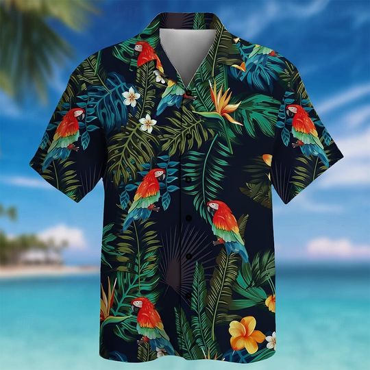 Discover Men's Leaf Parrot Tropical Plants Shirt  Summer Hawaiian Shirt Short Sleeve Hawaiian Vacation Holiday Beach Wear Aloha shirt
