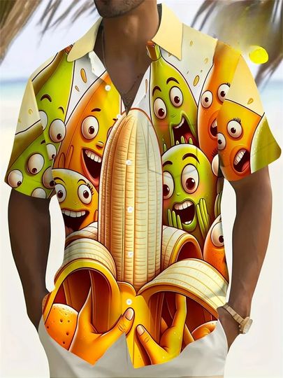 Discover Hawaiian Men's Shirt Abstract Banana Pineapple 3D Printing Tee 2025 Funny Fruit Summer Blouse Lapel Short Sleeves Shirts Tops