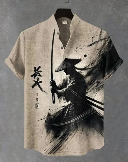 Discover Men's Samurai Hawaiian shirt casual, comfortable, fashionable short sleeved top loose retro high-quality shirt