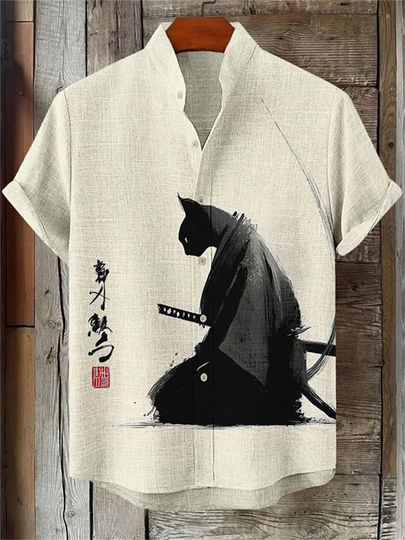 Men's ink-wash style samurai cat print short-sleeved shirt, stand-up collar casual men's top, outdoor casual Hawaiian shirt.