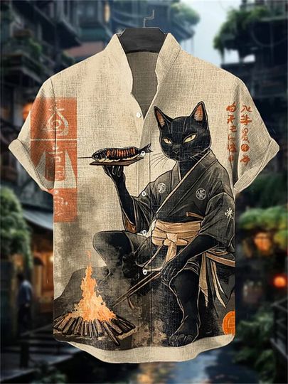 Discover Men's Cat Print Short-Sleeve Shirt, Stand Collar Retro Casual Top, Breathable Slim Fit Shirt, Outdoor Casual Hawaiian Shirt