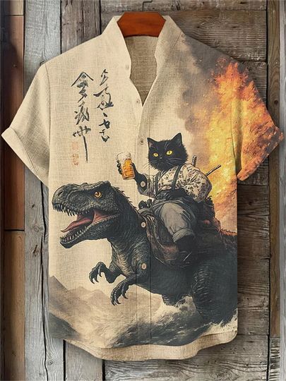 Discover Men's short-sleeved shirt with cat and dinosaur print, casual and stylish vacation-style men's top, fashionable Hawaiian design.