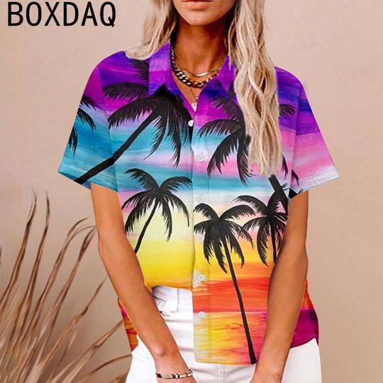 Discover Big Size Women Shirt Summer Hawaii Style Blouse Cool Tropical Palm 3D Print Tops Lapel Short Sleeve With Button Up Blouse Tops