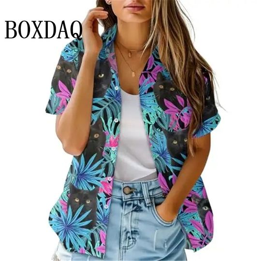 Discover Summer Fashion Women's Blouse Artistic Hawaiian Palm Tree Print Short Sleeve Lapel Casual Button Shirt Tops Women Hawaiian Shirt