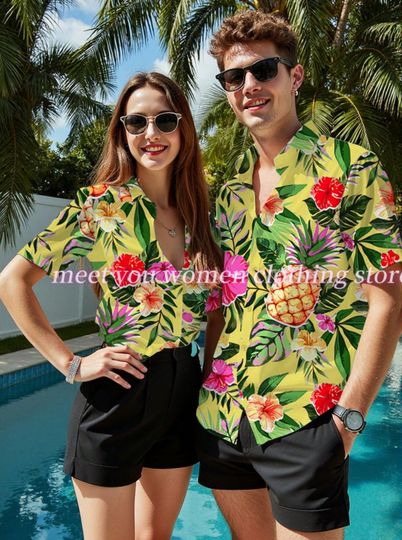 Discover summer Pineapple flower print couple Short Sleeved Shirts Beach Shirts Hawaii Vacation Shirts Loose Lady Shirts Lady Cllothing