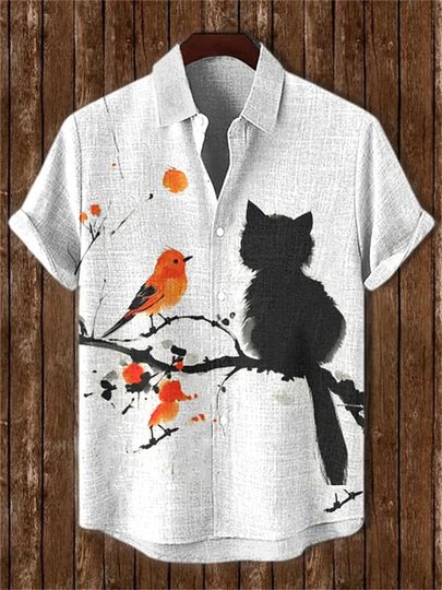 Discover Men's short-sleeved shirt, loose-fitting, casual, breathable men's top with bird and cat print, outdoor casual Hawaiian shirt.